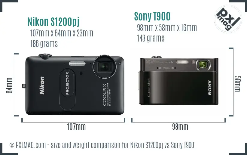 Nikon S1200pj vs Sony T900 size comparison