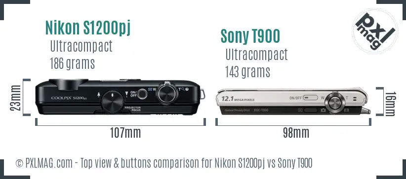 Nikon S1200pj vs Sony T900 top view buttons comparison