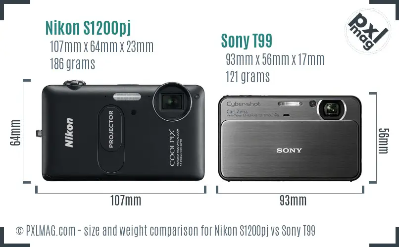 Nikon S1200pj vs Sony T99 size comparison