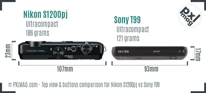 Nikon S1200pj vs Sony T99 top view buttons comparison