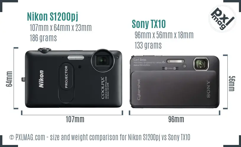 Nikon S1200pj vs Sony TX10 size comparison