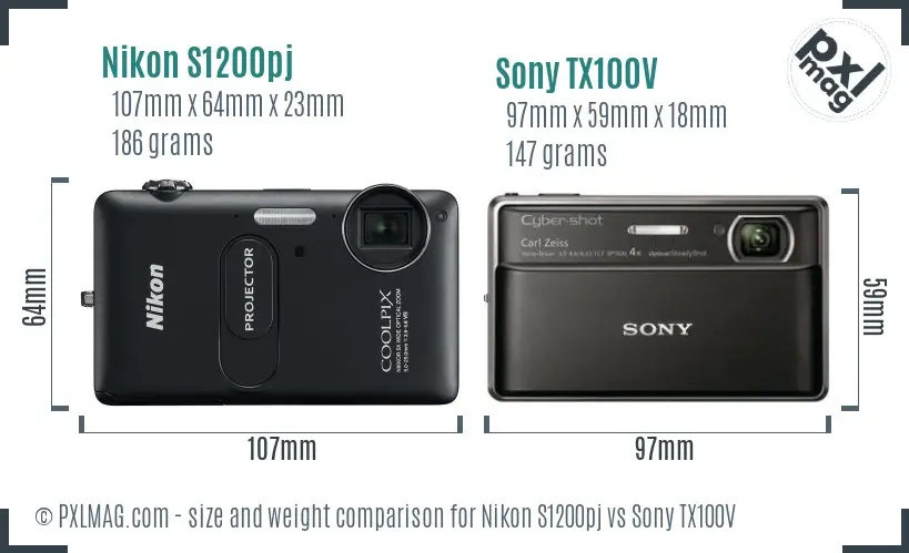 Nikon S1200pj vs Sony TX100V size comparison Nikon S1200pj vs Sony TX100V size comparison
