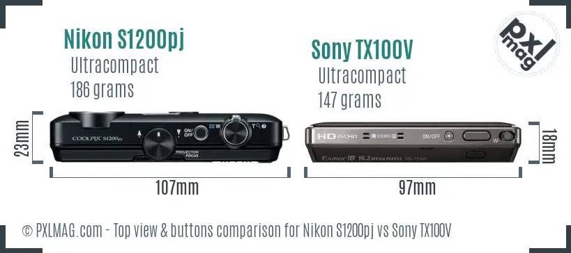 Nikon S1200pj vs Sony TX100V top view buttons comparison Nikon S1200pj vs Sony TX100V top view buttons comparison