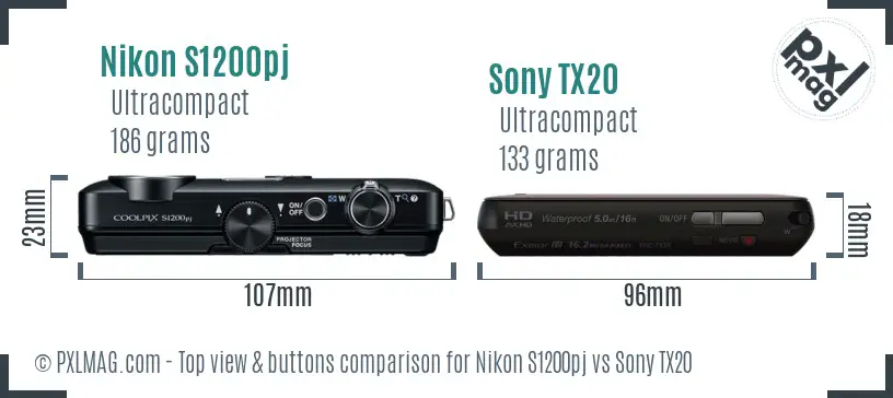 Nikon S1200pj vs Sony TX20 top view buttons comparison