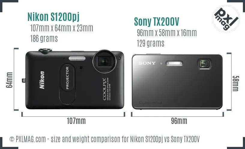 Nikon S1200pj vs Sony TX200V size comparison