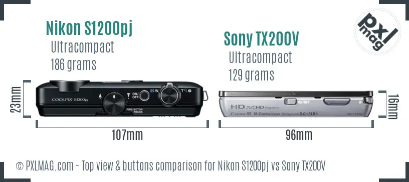 Nikon S1200pj vs Sony TX200V top view buttons comparison