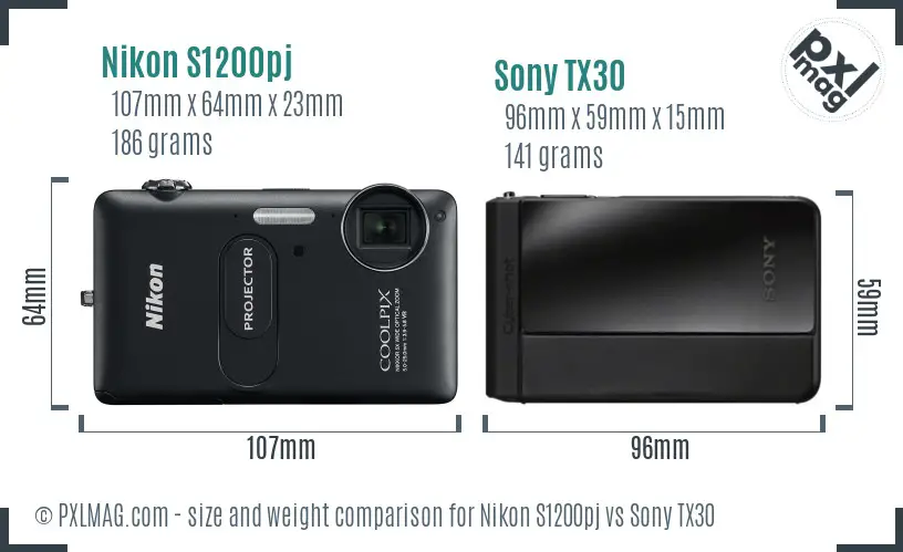 Nikon S1200pj vs Sony TX30 size comparison