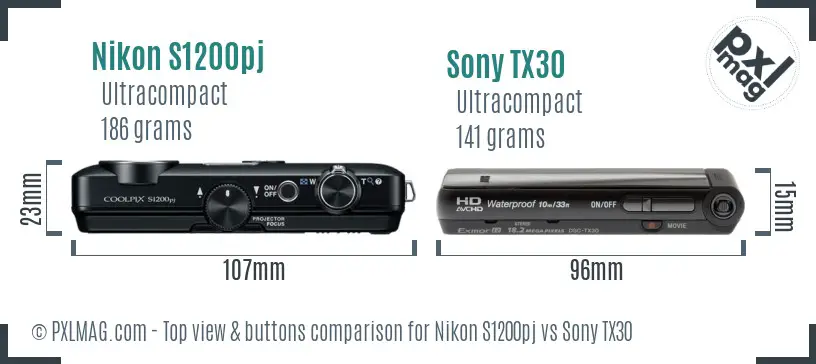 Nikon S1200pj vs Sony TX30 top view buttons comparison