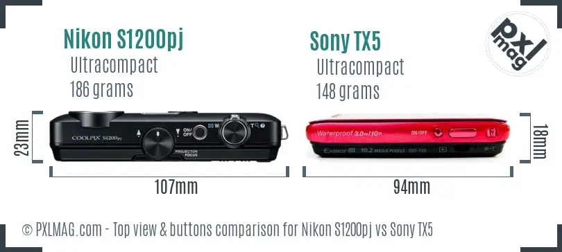 Nikon S1200pj vs Sony TX5 top view buttons comparison