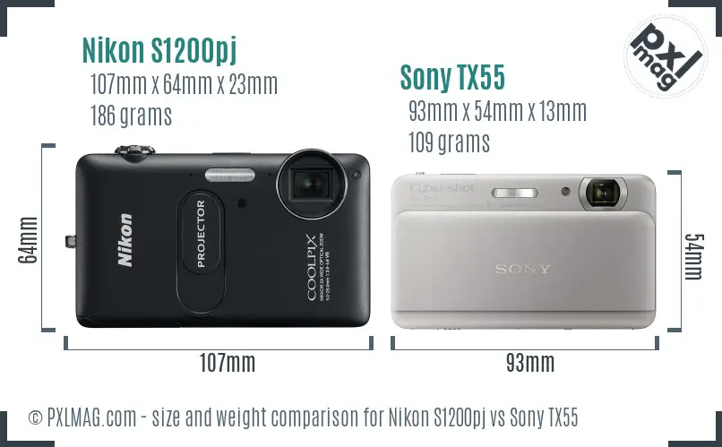 Nikon S1200pj vs Sony TX55 size comparison