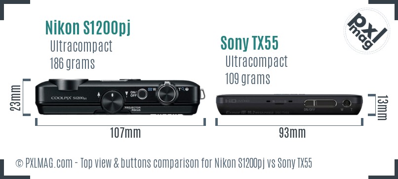 Nikon S1200pj vs Sony TX55 top view buttons comparison