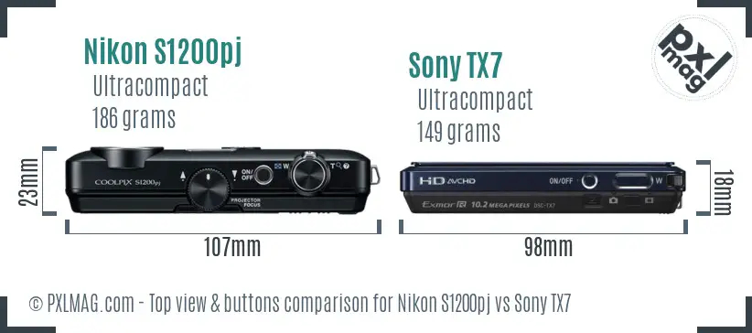 Nikon S1200pj vs Sony TX7 top view buttons comparison