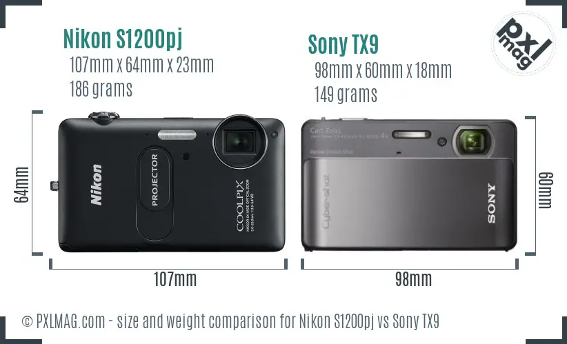 Nikon S1200pj vs Sony TX9 size comparison