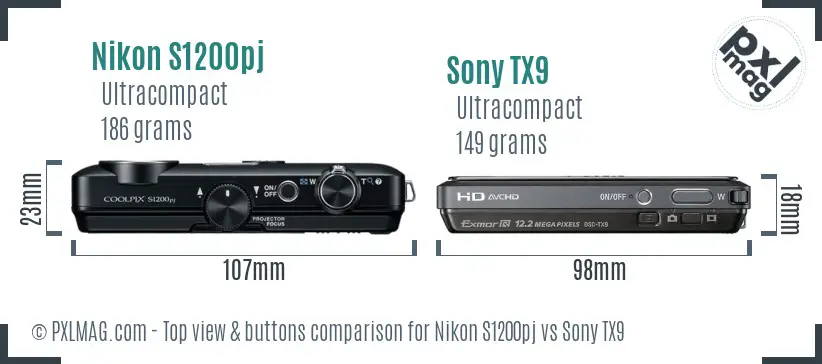 Nikon S1200pj vs Sony TX9 top view buttons comparison