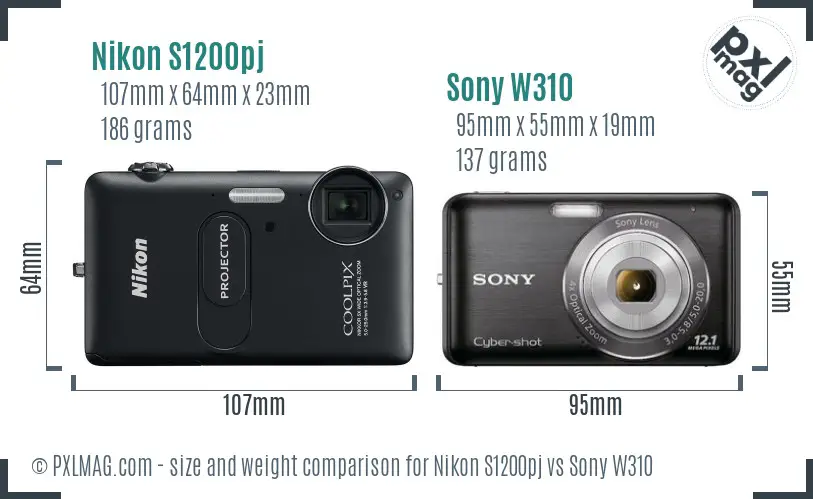 Nikon S1200pj vs Sony W310 size comparison