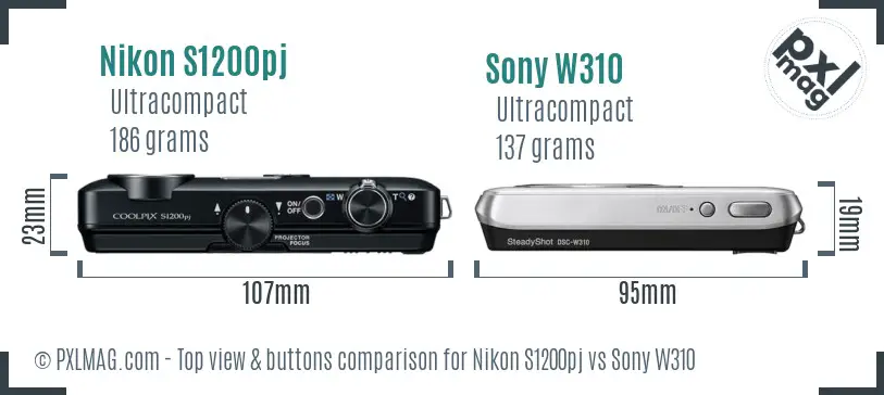 Nikon S1200pj vs Sony W310 top view buttons comparison