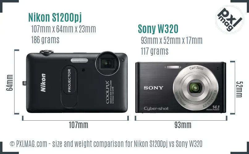 Nikon S1200pj vs Sony W320 size comparison