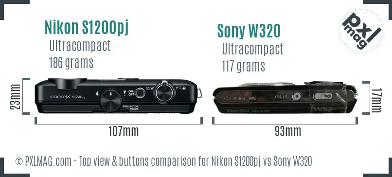 Nikon S1200pj vs Sony W320 top view buttons comparison