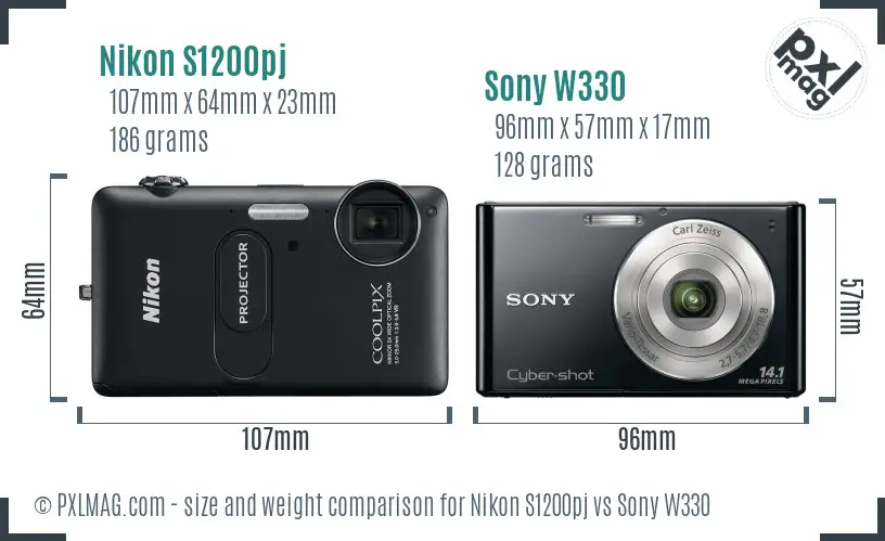 Nikon S1200pj vs Sony W330 size comparison