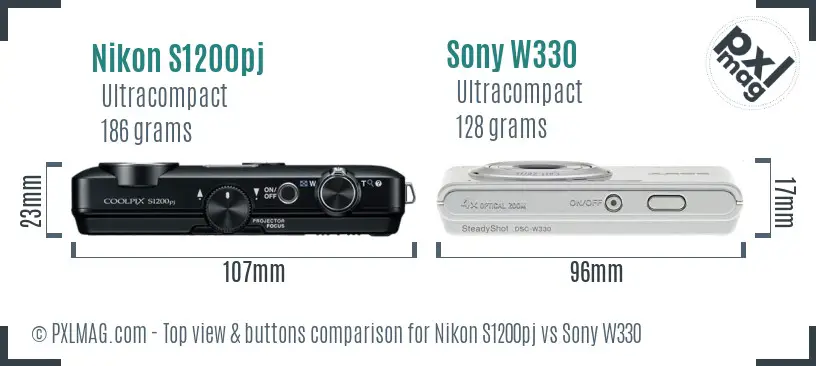 Nikon S1200pj vs Sony W330 top view buttons comparison