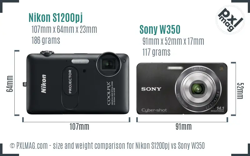 Nikon S1200pj vs Sony W350 size comparison