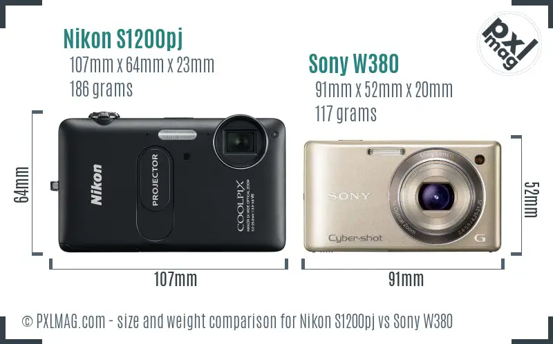 Nikon S1200pj vs Sony W380 size comparison