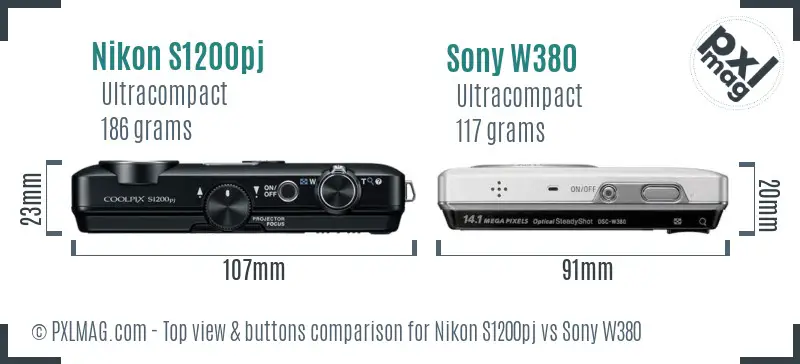 Nikon S1200pj vs Sony W380 top view buttons comparison