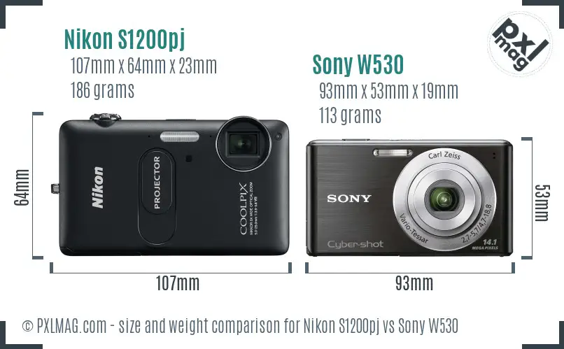 Nikon S1200pj vs Sony W530 size comparison
