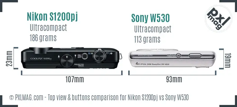 Nikon S1200pj vs Sony W530 top view buttons comparison