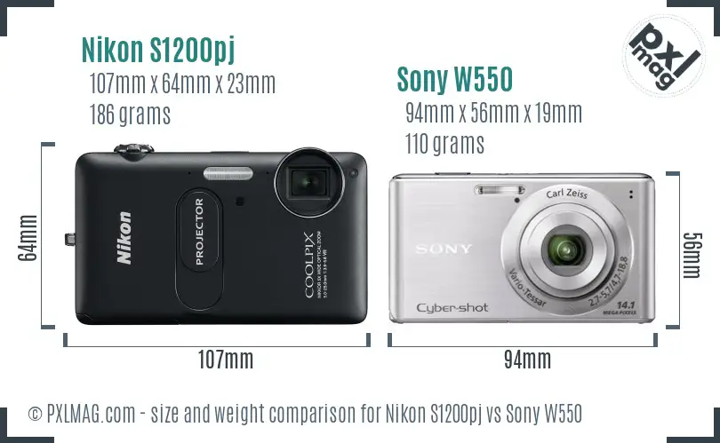 Nikon S1200pj vs Sony W550 size comparison
