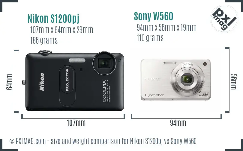 Nikon S1200pj vs Sony W560 size comparison