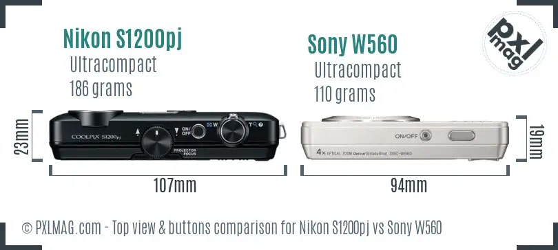 Nikon S1200pj vs Sony W560 top view buttons comparison