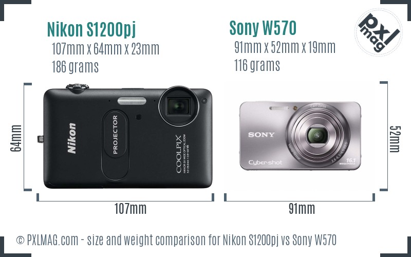 Nikon S1200pj vs Sony W570 size comparison