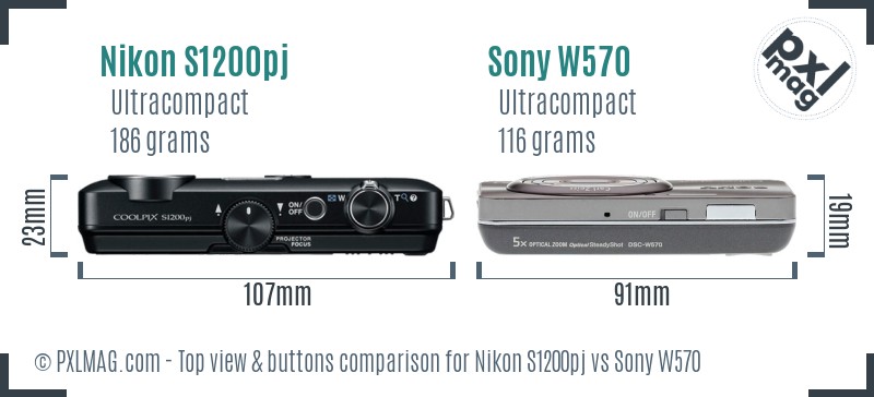 Nikon S1200pj vs Sony W570 top view buttons comparison