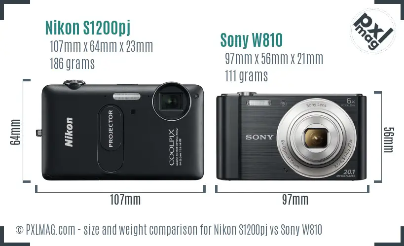 Nikon S1200pj vs Sony W810 size comparison