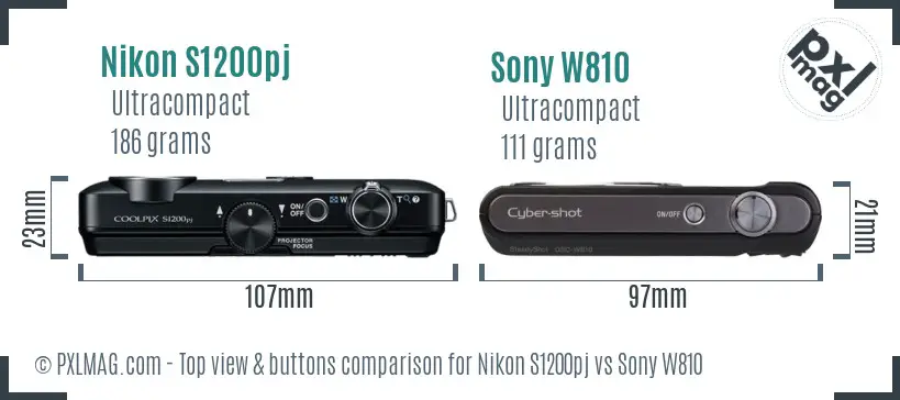 Nikon S1200pj vs Sony W810 top view buttons comparison