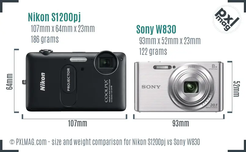 Nikon S1200pj vs Sony W830 size comparison