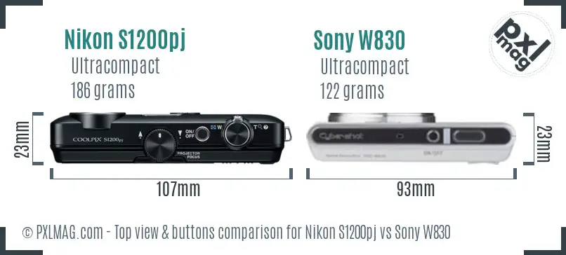 Nikon S1200pj vs Sony W830 top view buttons comparison