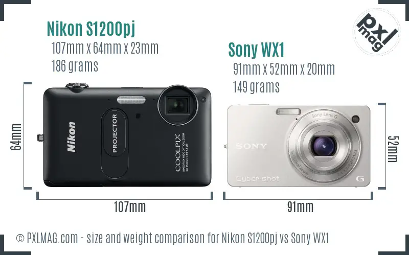 Nikon S1200pj vs Sony WX1 size comparison