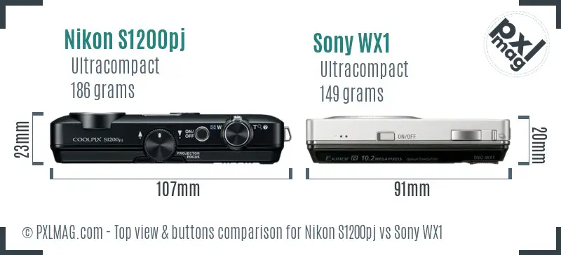 Nikon S1200pj vs Sony WX1 top view buttons comparison