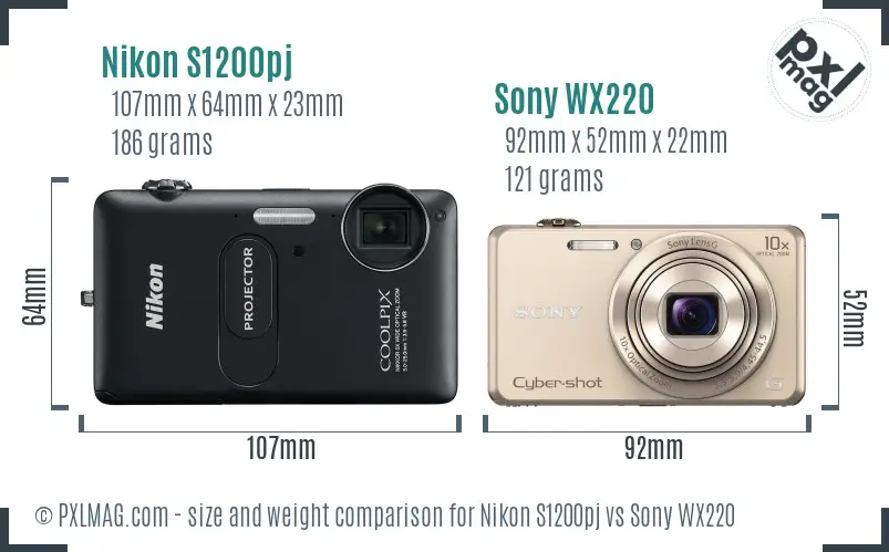 Nikon S1200pj vs Sony WX220 size comparison