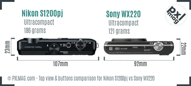 Nikon S1200pj vs Sony WX220 top view buttons comparison