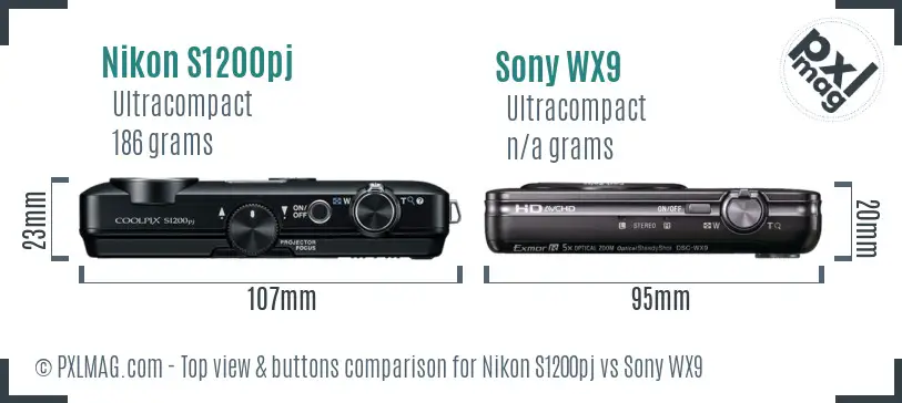 Nikon S1200pj vs Sony WX9 top view buttons comparison