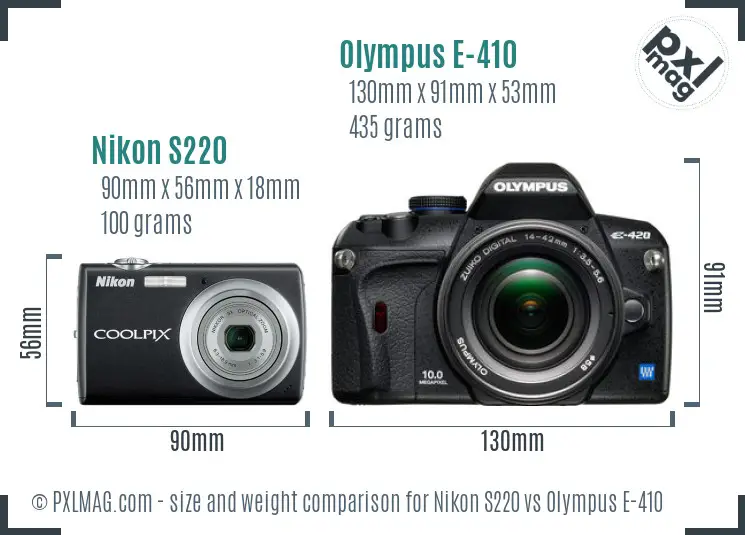 Nikon S220 vs Olympus E-410 size comparison