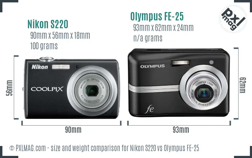 Nikon S220 vs Olympus FE-25 size comparison