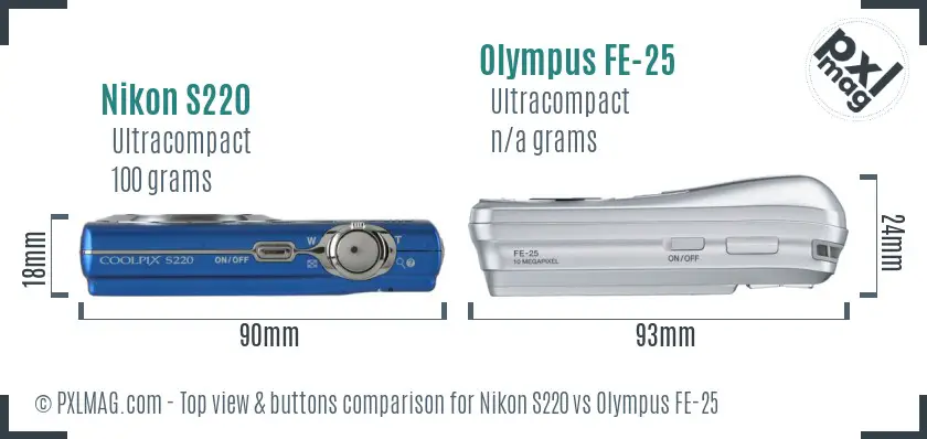 Nikon S220 vs Olympus FE-25 top view buttons comparison