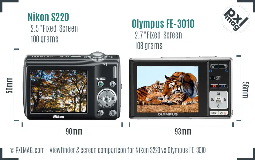 Nikon S220 vs Olympus FE-3010 Screen and Viewfinder comparison