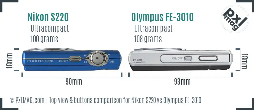 Nikon S220 vs Olympus FE-3010 top view buttons comparison