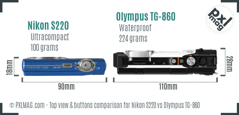 Nikon S220 vs Olympus TG-860 top view buttons comparison