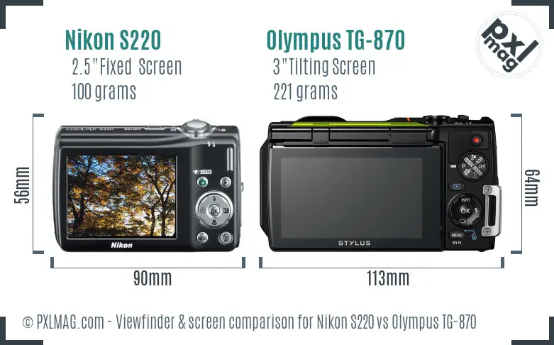 Nikon S220 vs Olympus TG-870 Screen and Viewfinder comparison